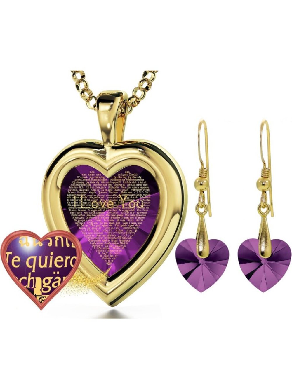 Gold Plated Heart Jewelry Set - I Love You Necklace & Crystal Earrings, 120
